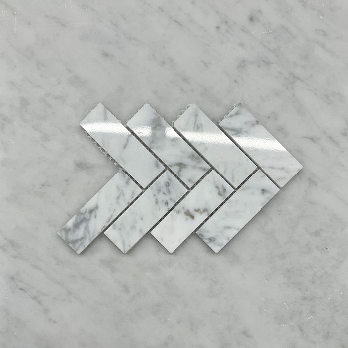 (Sample) Statuary White Marble 1x3 Herringbone Mosaic Tile Polished