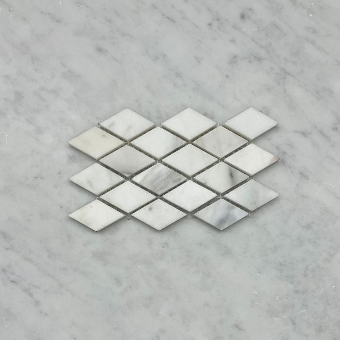 (Sample) Statuary White Marble 1x1-7/8 Rhomboid Diamond Mosaic Tile Honed