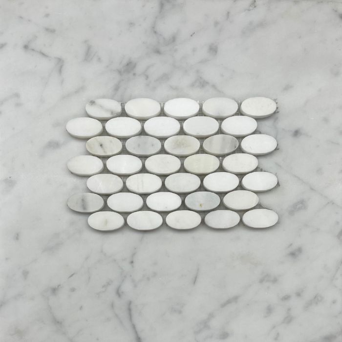 (Sample) Statuary White Marble 1-1/4x5/8 Oval Ellipse Mosaic Tile Honed