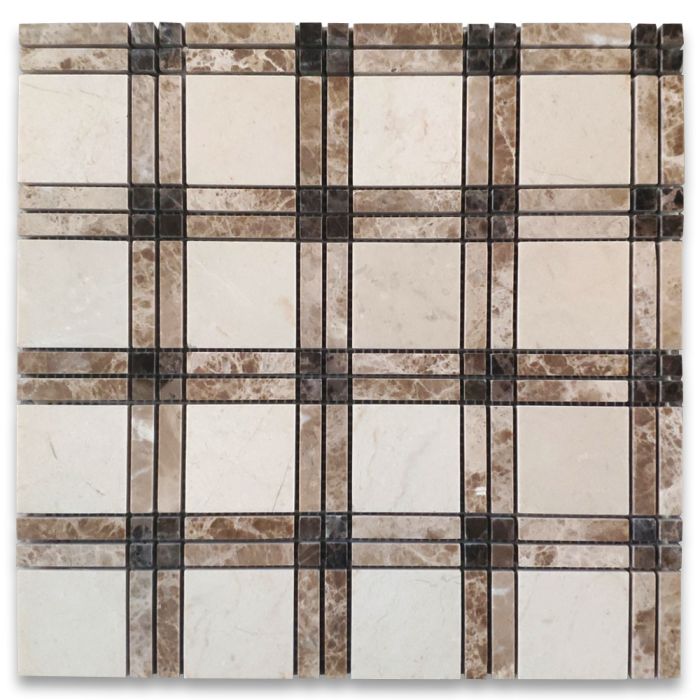 Crema Marfil Marble Plaid Tartan Mosaic Tile w/ Emperador Brown Polished