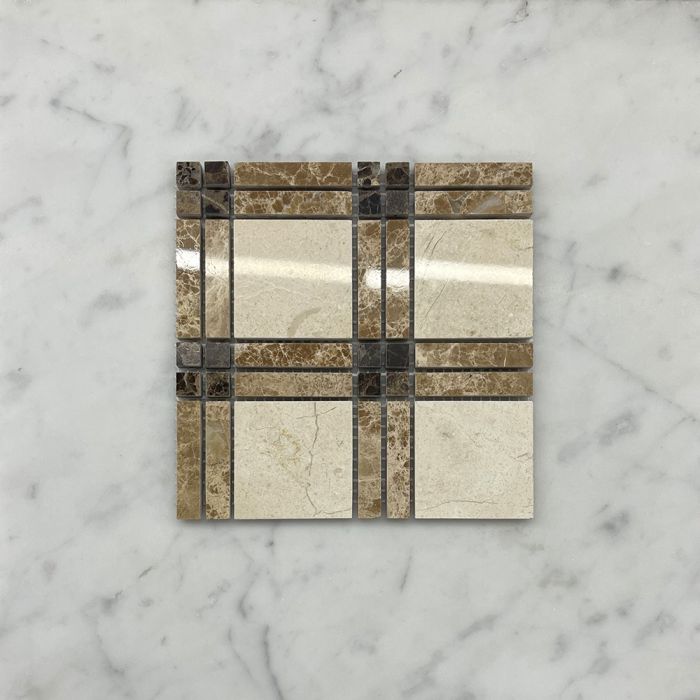 (Sample) Crema Marfil Marble Plaid Tartan Mosaic Tile w/ Emperador Brown Polished