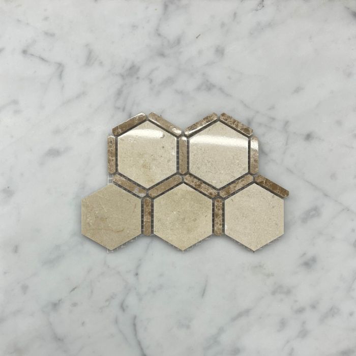 (Sample) Crema Marfil Marble 2 inch Hexagon Mosaic Tile w/ Emperador Light Strips Polished