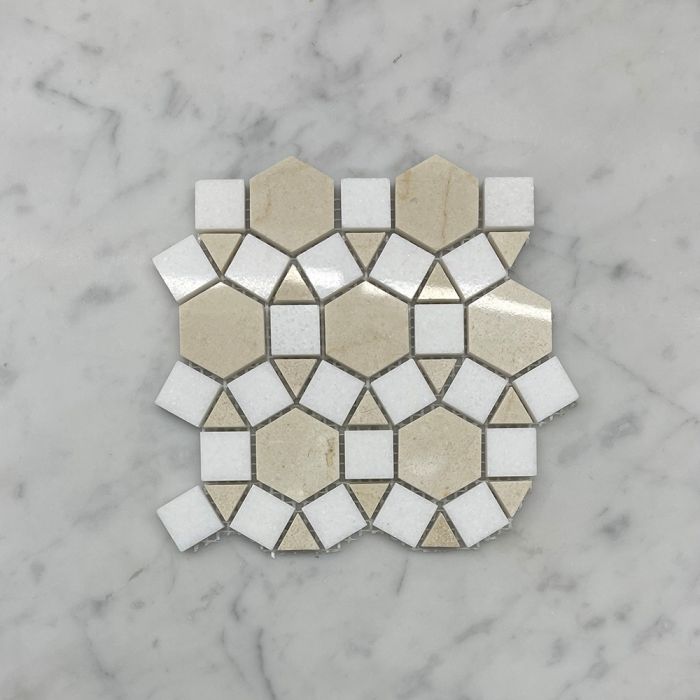 (Sample) Crema Marfil Marble 1-1/2 inch Hexagon Sunflower Ring Waterjet Mosaic Tile w/ Thassos White Polished