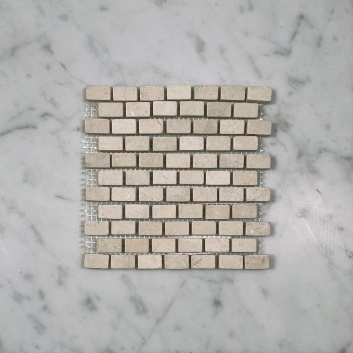 (Sample) Crema Marfil Marble 5/8x3/4 Mini Brick Mosaic Tile Tumbled