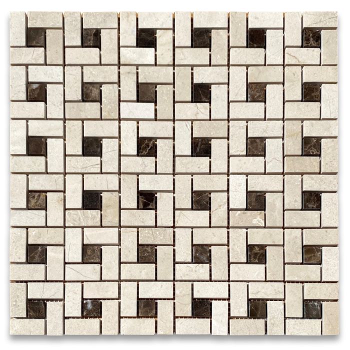Crema Marfil Marble Pinwheel Windmill Spiral Target Mosaic Tile w/ Emperador Dark Brown Dots Polished
