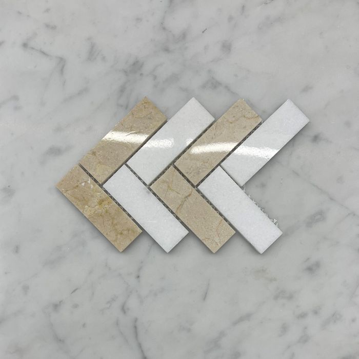 (Sample) Crema Marfil Marble 1x3 Herringbone Mosaic Tile w/ Thassos White Polished