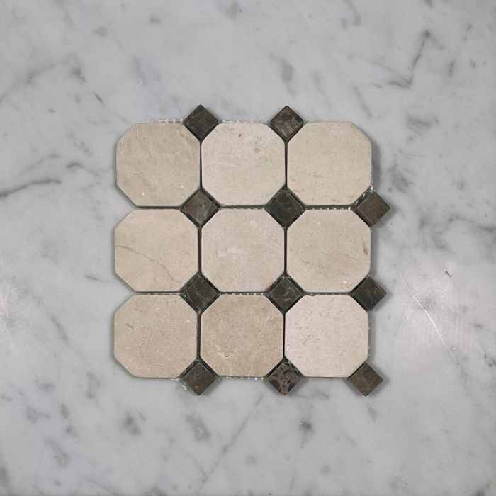 (Sample) Crema Marfil Marble 2 inch Octagon Mosaic Tile w/ Emperador Dark Brown Dots Tumbled
