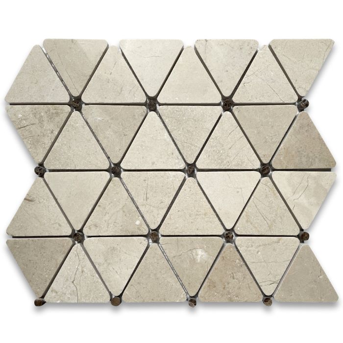 Crema Marfil Marble 2-3/4 inch Triangle Mosaic Tile w/ Emperador Dark Brown Round Dots Polished