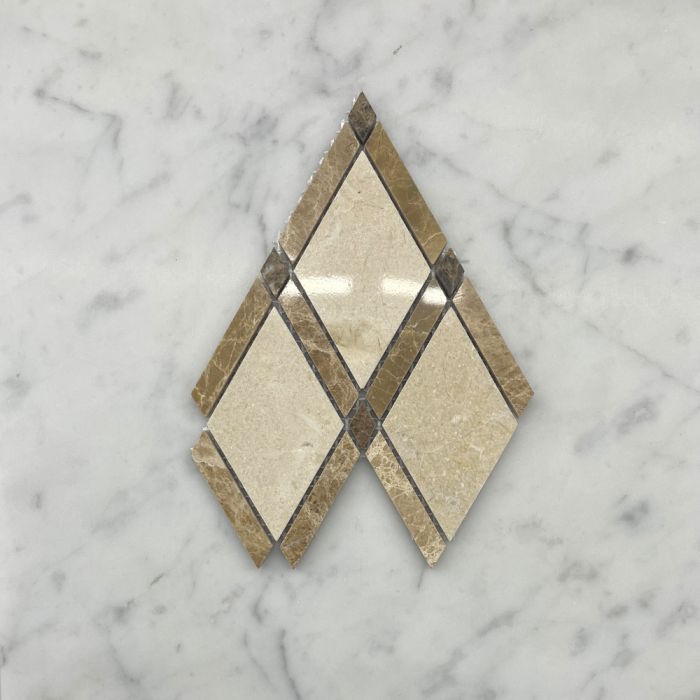 (Sample) Crema Marfil Marble Diamond Lattice Mosaic Tile w/ Emperador Brown Polished