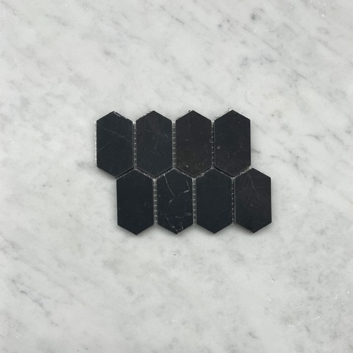 (Sample) Nero Marquina Black Marble 1x2 Hive Picket Constellation Long Hexagon Mosaic Tile Honed
