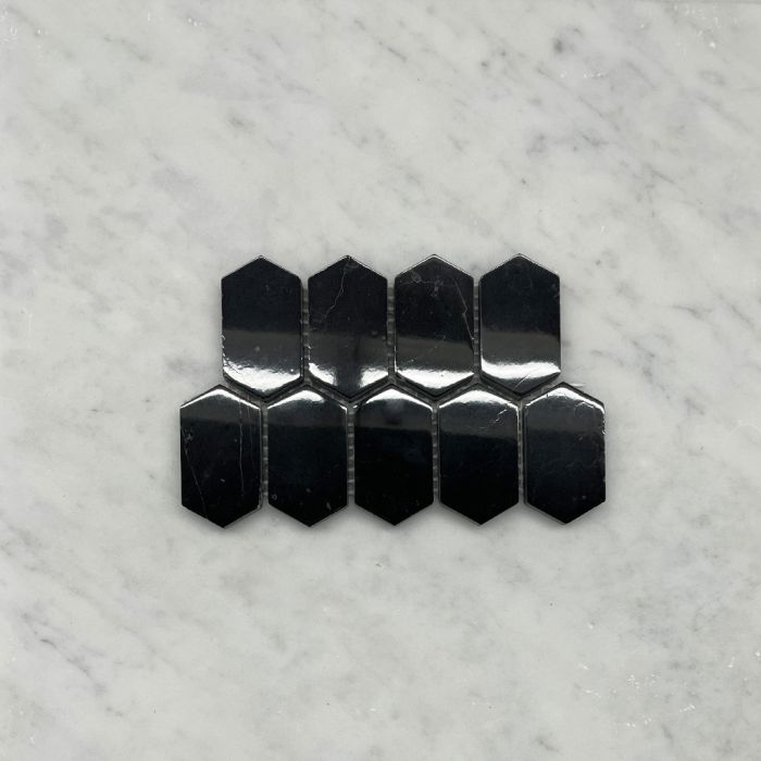 (Sample) Nero Marquina Black Marble 1x2 Hive Picket Constellation Long Hexagon Mosaic Tile Polished