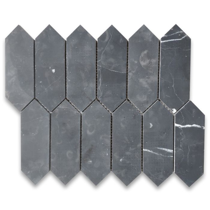 Nero Marquina Black Marble 2x6 Picket Fence Elongated Hexagon Mosaic Tile Honed