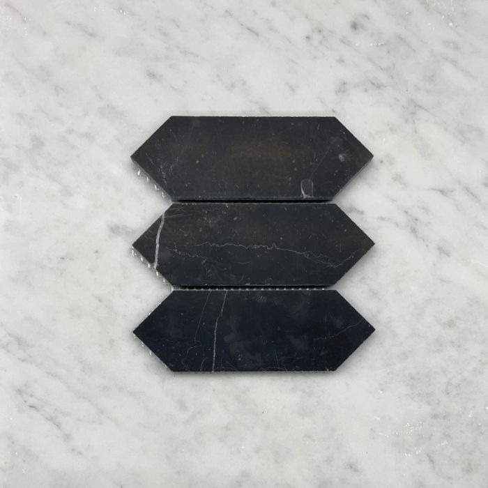 (Sample) Nero Marquina Black Marble 2x6 Picket Fence Elongated Hexagon Mosaic Tile Honed