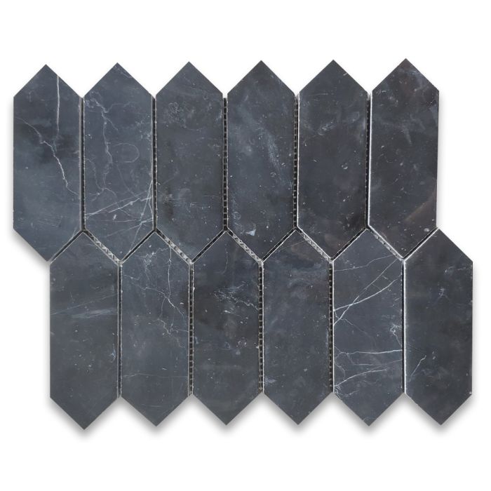Nero Marquina Black Marble 2x6 Picket Fence Elongated Hexagon Mosaic Tile Polished