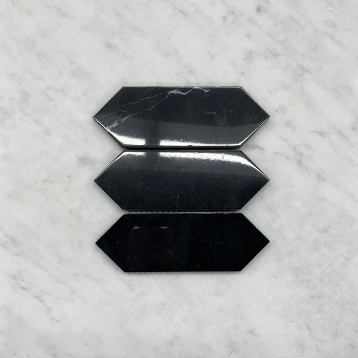 (Sample) Nero Marquina Black Marble 2x6 Picket Fence Elongated Hexagon Mosaic Tile Polished