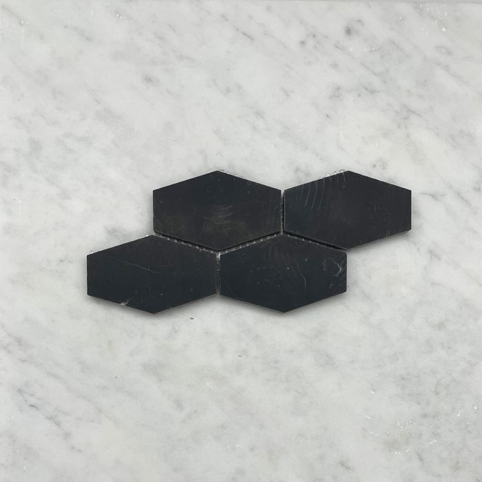 (Sample) Nero Marquina Black Marble 1-1/4x3 Elongated Hexagon Mosaic Tile Honed
