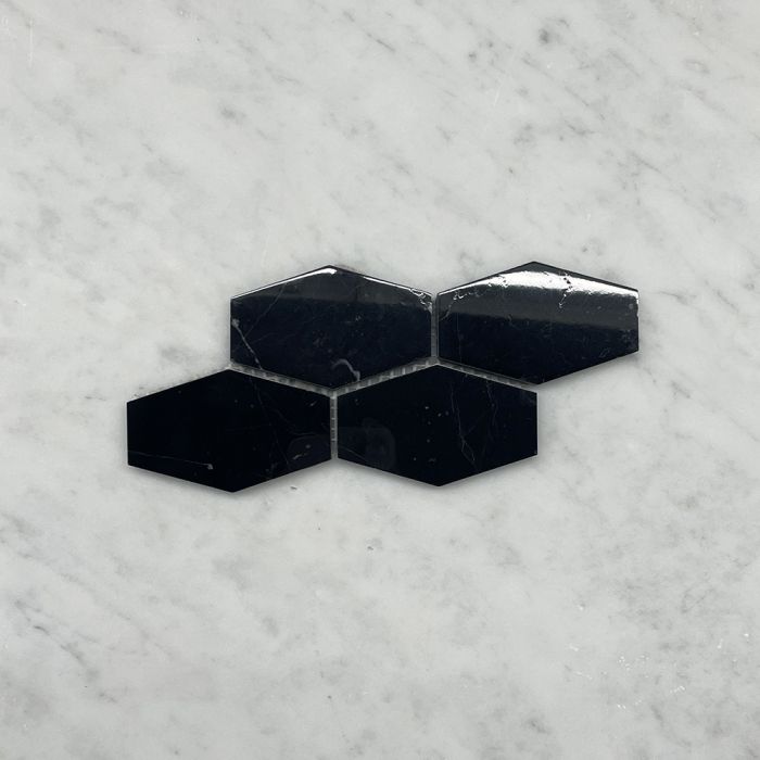 (Sample) Nero Marquina Black Marble 1-1/4x3 Elongated Hexagon Mosaic Tile Polished