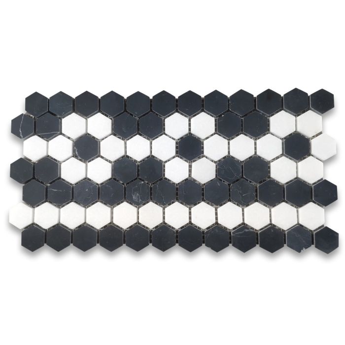 Nero Marquina Black Marble 1 inch Hexagon Mosaic Border Listello Tile White Flower Pattern Honed