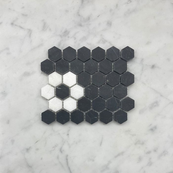 (Sample) Nero Marquina Black Marble 1 inch Hexagon Rosette Mosaic Tile w/ Thassos White Honed