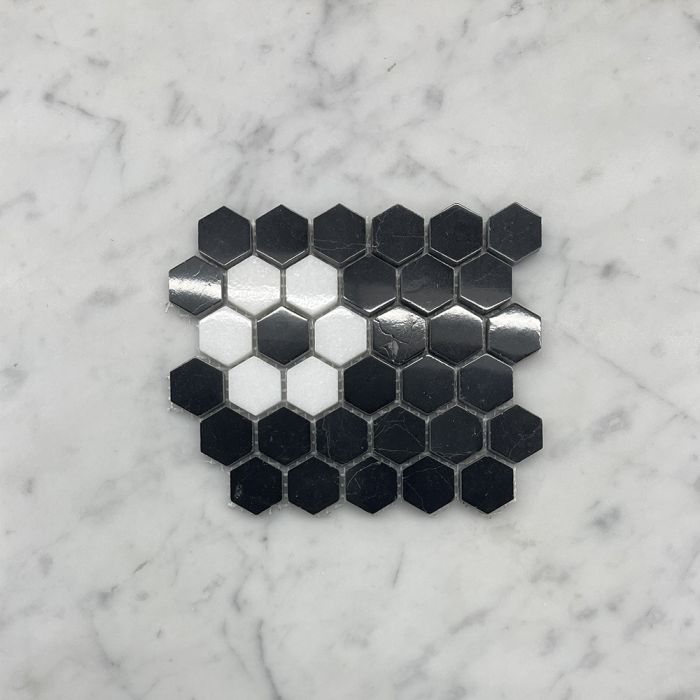 (Sample) Nero Marquina Black Marble 1 inch Hexagon Rosette Mosaic Tile w/ Thassos White Polished