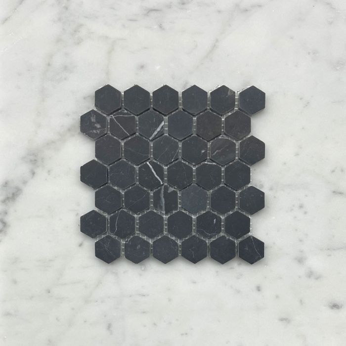 (Sample) Nero Marquina Black Marble 1 inch Hexagon Mosaic Tile Honed