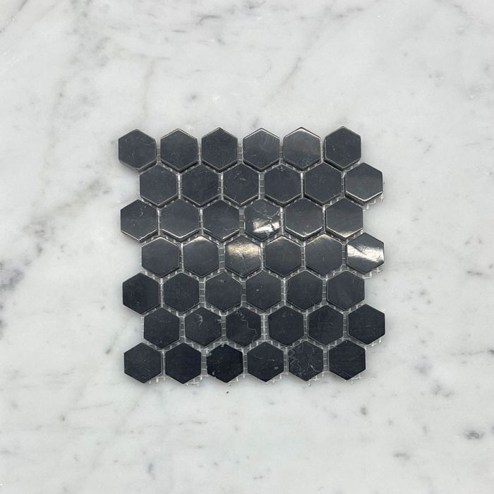 (Sample) Nero Marquina Black Marble 1 inch Hexagon Mosaic Tile Polished