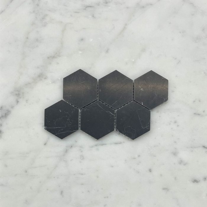 (Sample) Nero Marquina Black Marble 2 inch Hexagon Mosaic Tile Honed