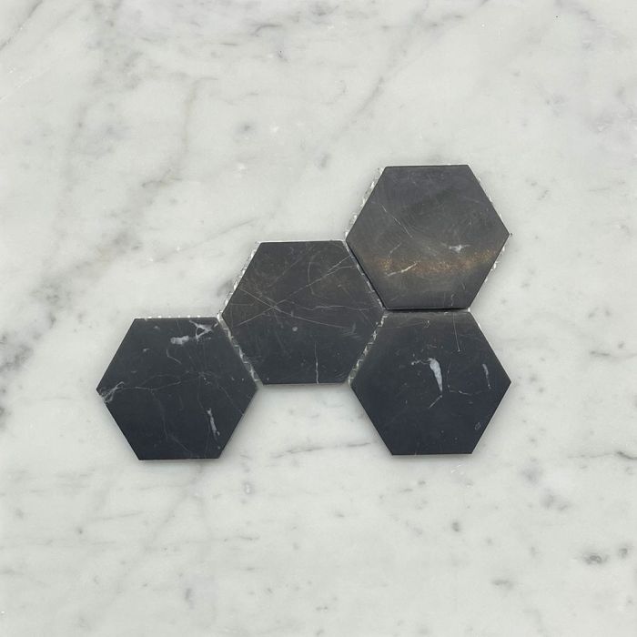 (Sample) Nero Marquina Black Marble 3 inch Hexagon Mosaic Tile Honed