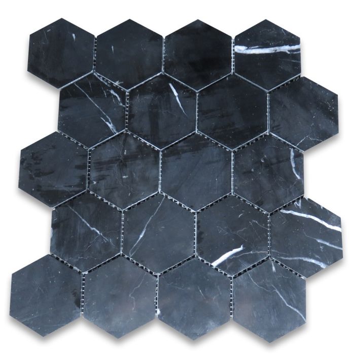 Nero Marquina Black Marble 3 inch Hexagon Mosaic Tile Polished