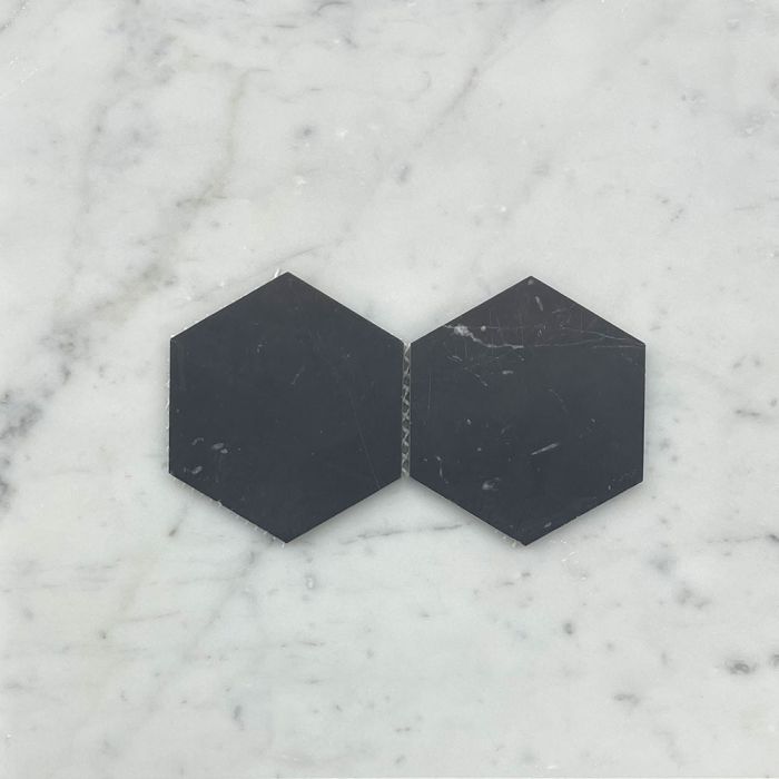 (Sample) Nero Marquina Black Marble 4 inch Hexagon Mosaic Tile Honed