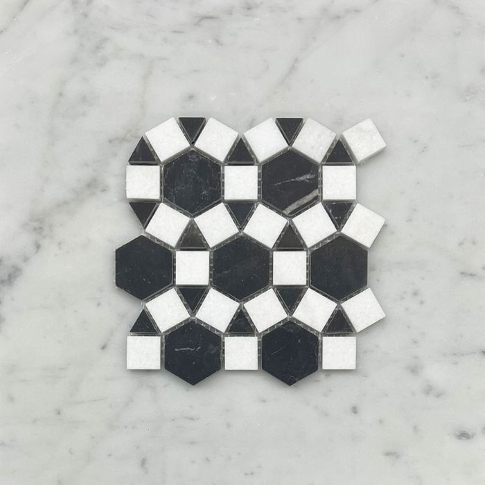 (Sample) Nero Marquina Black Marble 1-1/2 inch Hexagon Sunflower Ring Waterjet Mosaic Tile w/ Thassos White Honed
