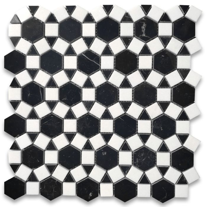 Nero Marquina Black Marble 1-1/2 inch Hexagon Sunflower Ring Waterjet Mosaic Tile w/ Thassos White Polished