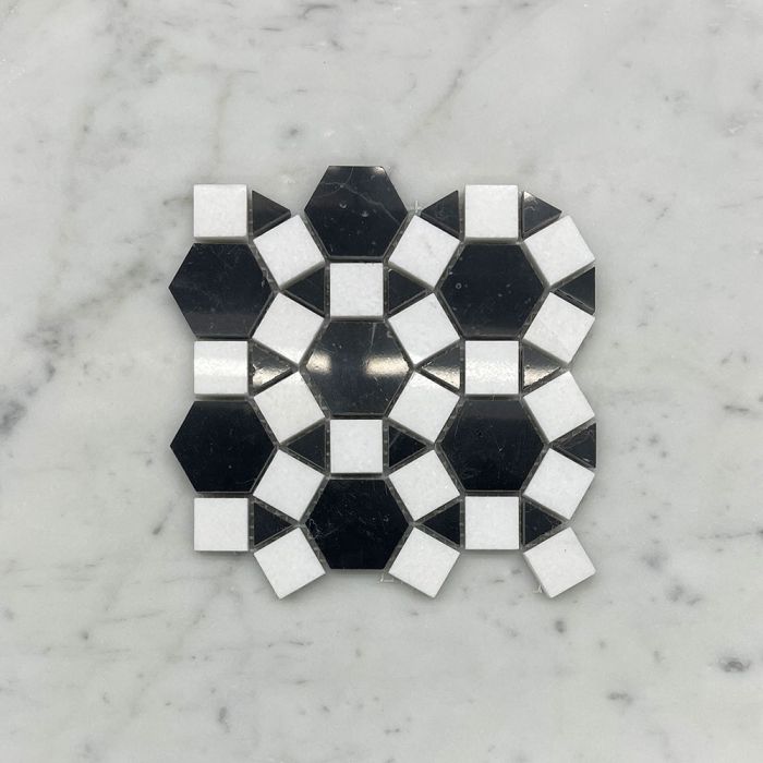 (Sample) Nero Marquina Black Marble 1-1/2 inch Hexagon Sunflower Ring Waterjet Mosaic Tile w/ Thassos White Polished