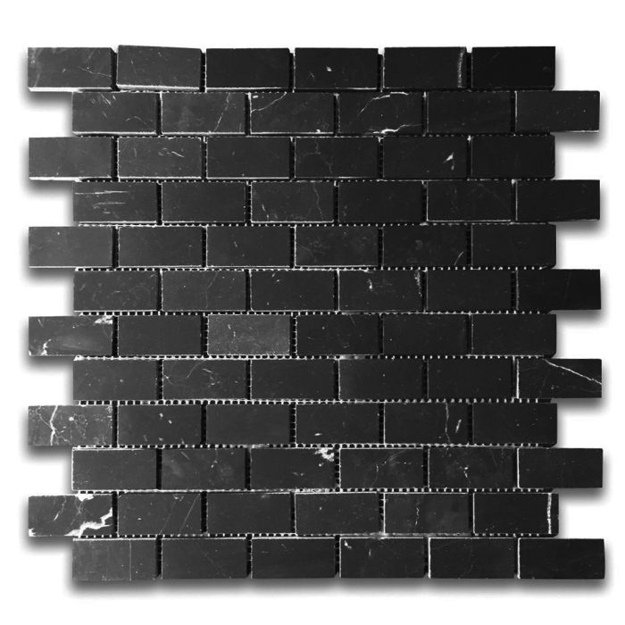 Nero Marquina Black Marble 1x2 Medium Brick Mosaic Tile Honed