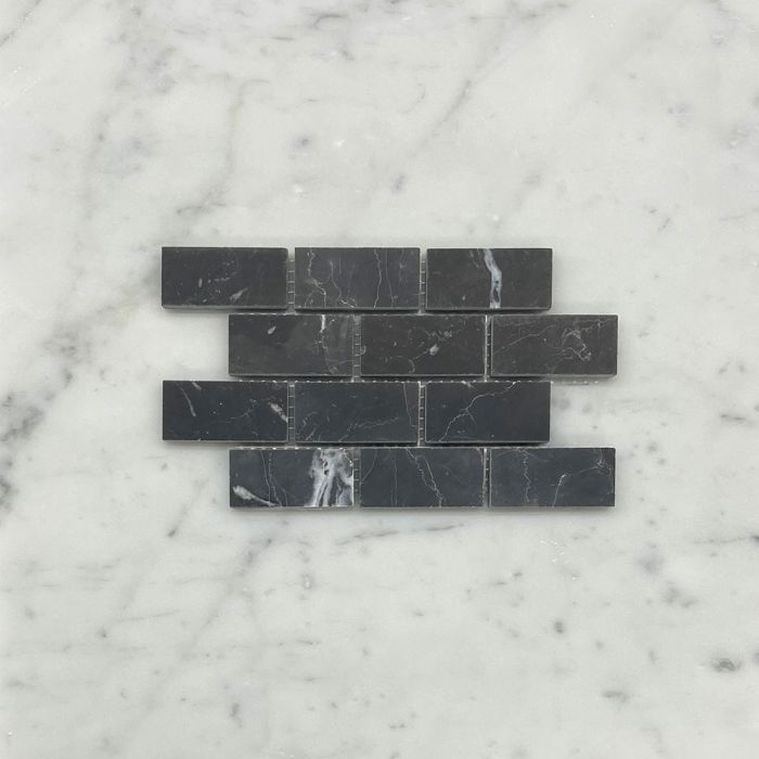 (Sample) Nero Marquina Black Marble 1x2 Medium Brick Mosaic Tile Honed