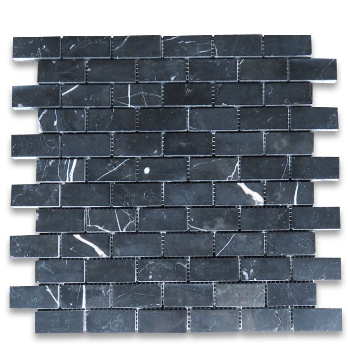 Nero Marquina Black Marble 1x2 Medium Brick Mosaic Tile Polished
