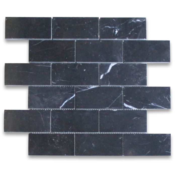 Nero Marquina Black Marble 2x4 Grand Brick Subway Mosaic Tile Polished