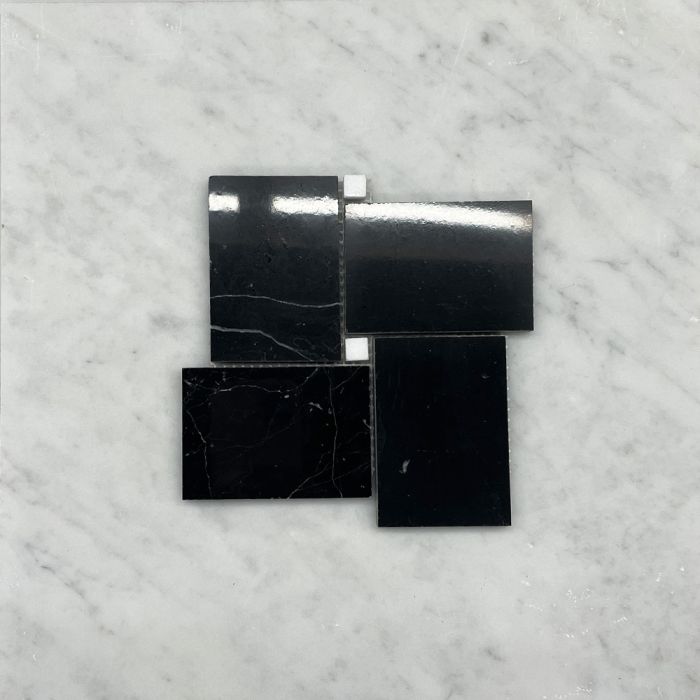 (Sample) Nero Marquina Black Marble Large Basketweave Mosaic Tile w/ Thassos White Dots Polished