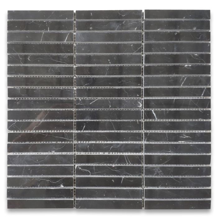 Nero Marquina Black Marble 5/8x4 Rectangular Stacked Mosaic Tile Polished