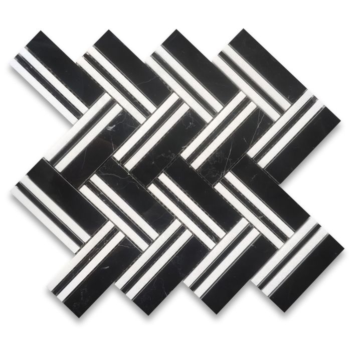 Nero Marquina Black Marble 1x4 Herringbone Mosaic Tile w/ Thassos White Lines Polished