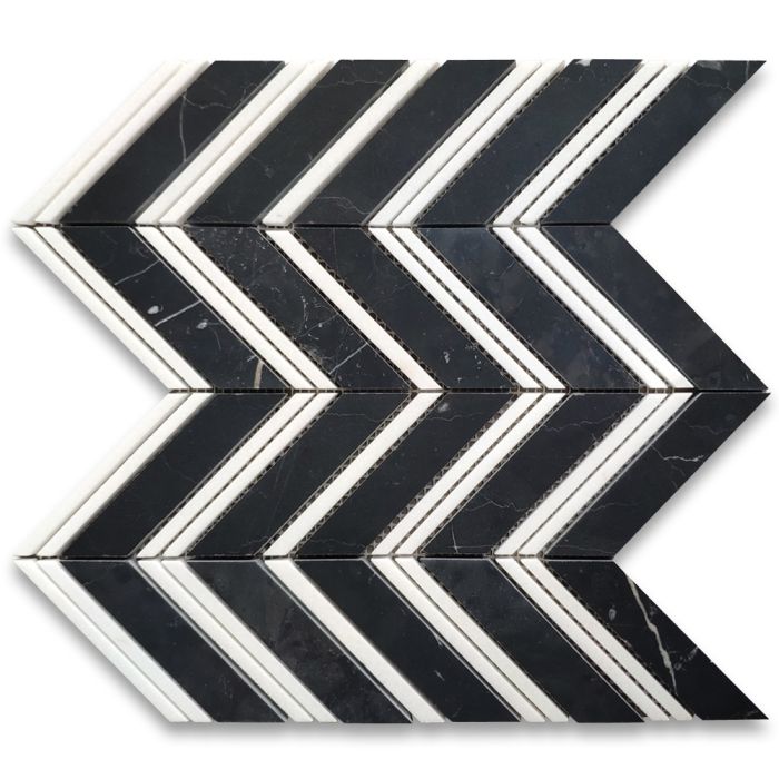 Nero Marquina Black Marble 1x4 Chevron Mosaic Tile w/ Thassos White Lines Honed