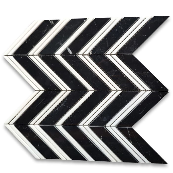 Nero Marquina Black Marble 1x4 Chevron Mosaic Tile w/ Thassos White Lines Polished
