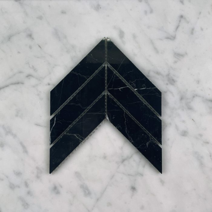 (Sample) Nero Marquina Black Marble 1x4 Chevron Mosaic Tile Polished