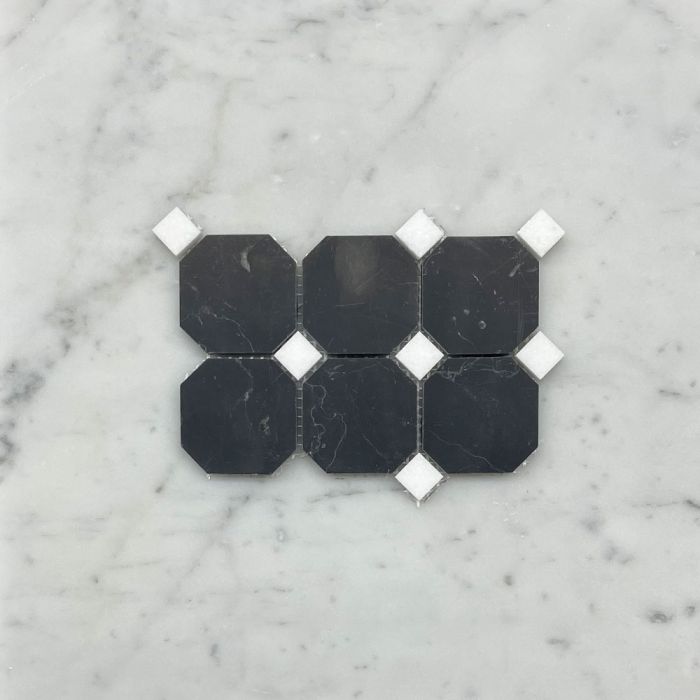(Sample) Nero Marquina Black Marble 2 inch Octagon Mosaic Tile w/ Thassos White Dots Honed
