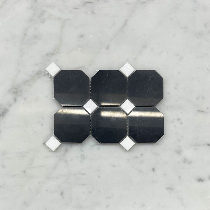 (Sample) Nero Marquina Black Marble 2 inch Octagon Mosaic Tile w/ Thassos White Dots Polished