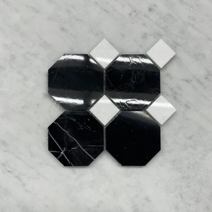 (Sample) Nero Marquina Black Marble 3 inch Octagon Mosaic Tile w/ Thassos White Dots Polished