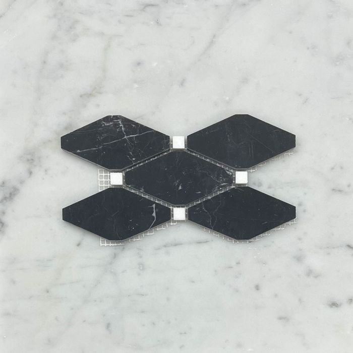 (Sample) Nero Marquina Black Marble Lozenge Long Octave Rhomboid Chipped Diamond Mosaic Tile w/ Thassos White Dots Honed