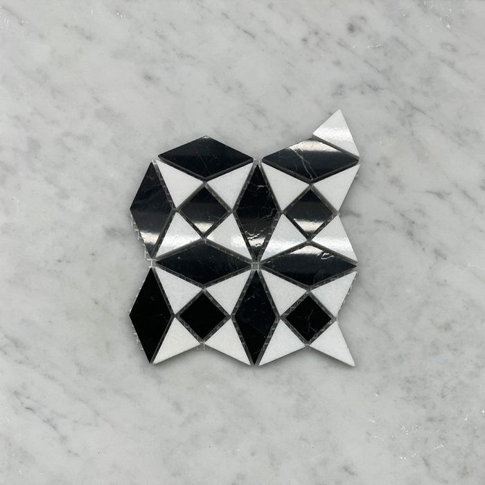 Nero Marquina Black Marble Kaleidoscope Diamond Mosaic Tile w/ Thassos White Polished