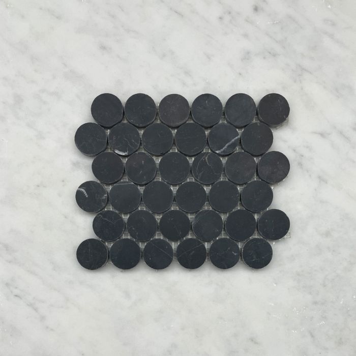 (Sample) Nero Marquina Black Marble 1 inch Penny Round Mosaic Tile Honed