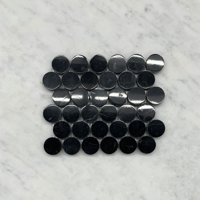 (Sample) Nero Marquina Black Marble 1 inch Penny Round Mosaic Tile Polished